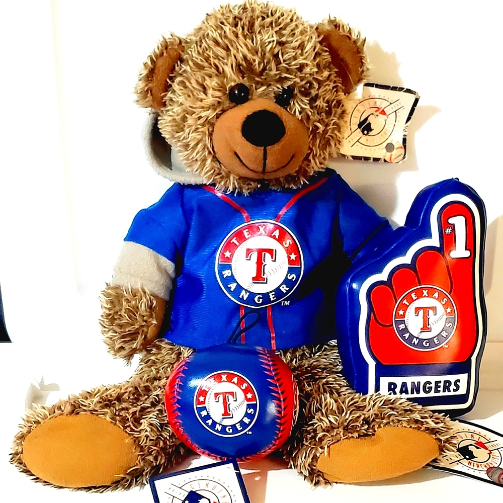 NWT TEXAS RANGERS TEDDY BEAR, STUFFED BASEBALL & STUFFED FINGER BY GOOD STUFF.